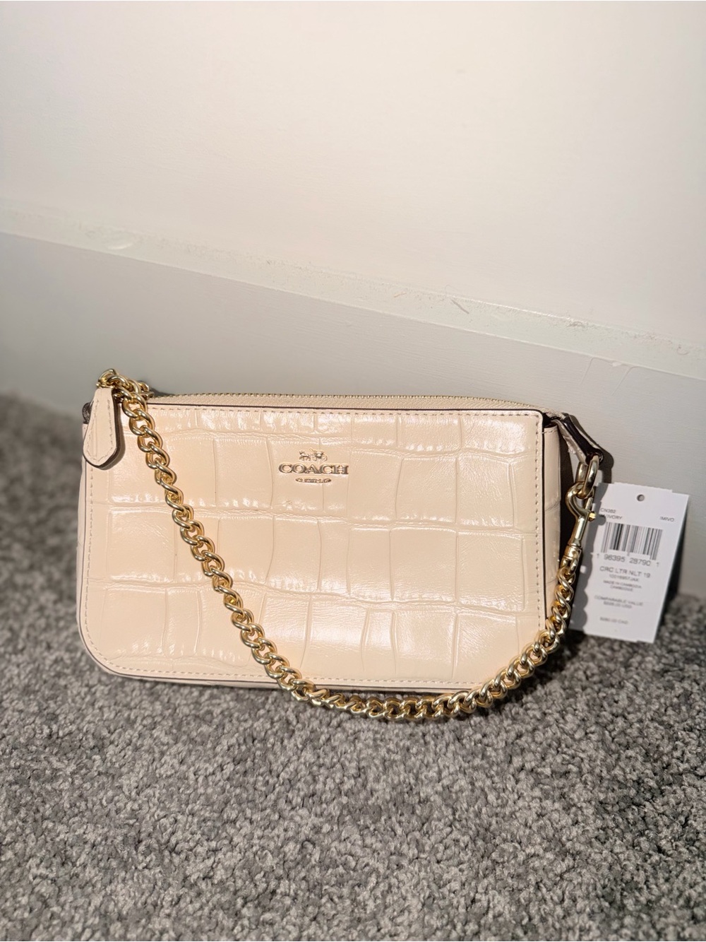 Coach Nolita Croc-Embossed Small Shoulder Bag in Light Beige with Gold Chain